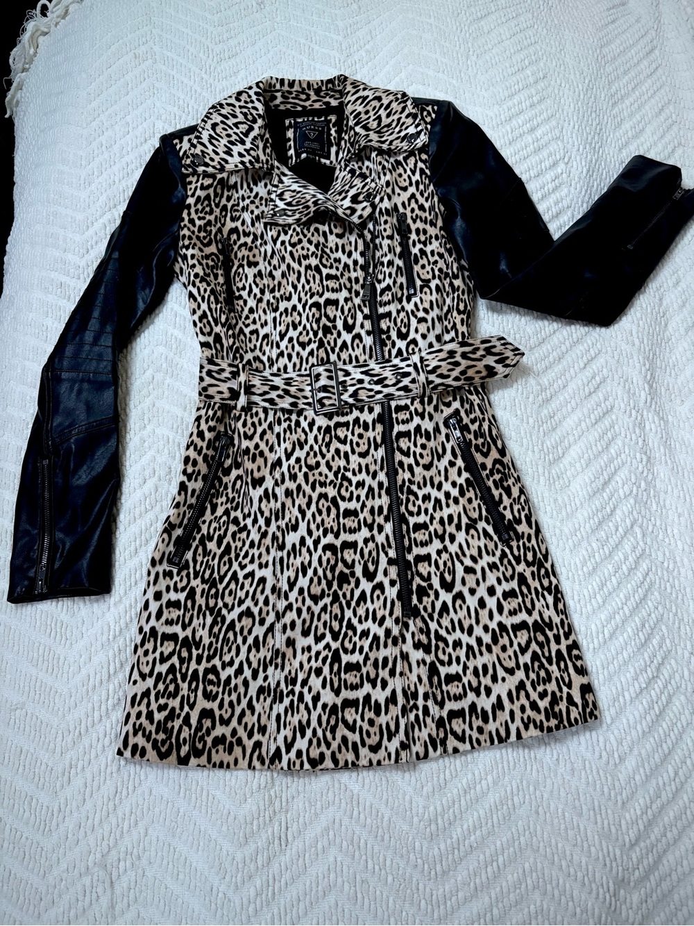 GUESS Leopard Print Trench Coat with Black Faux Leather Details
